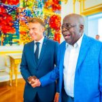 Tinubu in a warm exchange with Macron at the Elysee Palace in Paris. 2 768x512